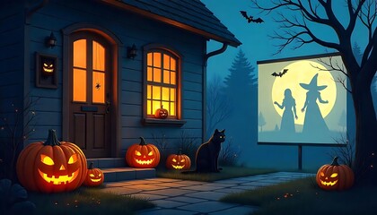 Spooky Halloween night scene features pumpkins, a black cat, bats, and silhouetted witches under a full moon