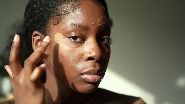 Woman applying makeup foundation