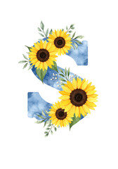 Obraz premium Watercolor Letter S with Sunflowers and Blue Texture png, isolated on transparent background