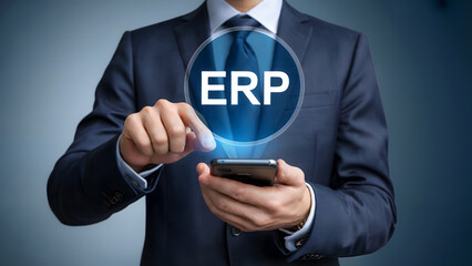 Businessman uses smartphone for ERP digital transformation success