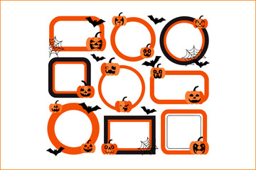 Halloween border pack with orange and black frames, round and square label set, vector illustration, festive collection