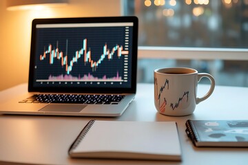A clean desk with a laptop displaying a candlestick chart, a coffee mug, and a notebook, with soft natural light illuminating the scene. 
