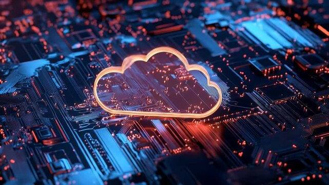Glowing cloud icon hovering above circuit board representing data cloud storage