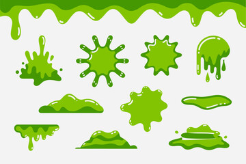 Green slime splatter set, dripping goo elements, cartoon slime shapes, vector illustration, Halloween border pack