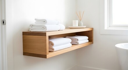 Modern wooden floating shelf displaying neatly folded white towels and a small decorative item
