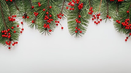Festive evergreen boughs adorned with vibrant red berries cascade along the upper border.