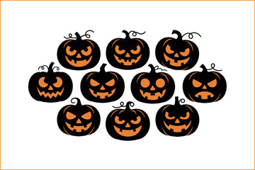 Halloween pumpkin face icon set, spooky jack o lantern collection, cartoon pumpkin faces, vector illustration, Halloween design