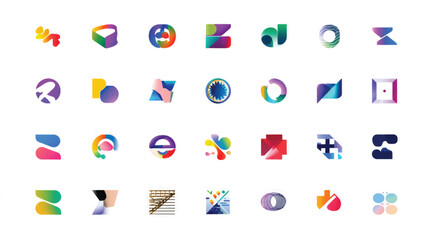A set of colorful vector icons for web, a vibrant alphabet font, and business logos with arrows, circles, and globes for modern media design