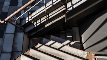 Obraz premium Overhead view shows industrial stairs with light and shadow creating geometric patterns.