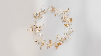 Golden wreath frame with watercolor leaves, elegant and symmetrically arranged.