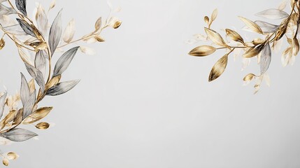 Golden wreath frame with watercolor leaves, elegant and symmetrically arranged.