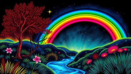 Nocturnal Rainbow Landscape Art