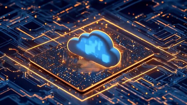 3D glowing blue cloud hovering above a digital circuit in futuristic style