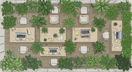 Top-down illustration of a modern biophilic office design concept, a green workspace with lush indoor plants and desks.