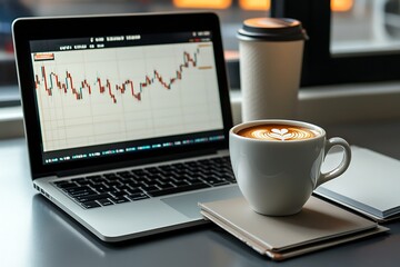 A clean, modern office setup with a laptop screen showing a candlestick chart, a hot coffee cup, and an open notebook beside it, with soft light from the window.