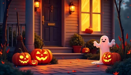 Spooky season ambiance with glowing jack-o'-lanterns and a friendly ghost adorning a cozy suburban home for Halloween.