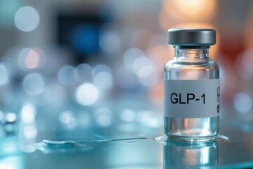 Clear glass vial labeled glp-1 on a reflective surface.