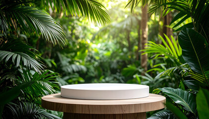Fototapeta premium Tropical product display podium offers a stunning jungle showcase for your brand aesthetic and nature inspired marketing