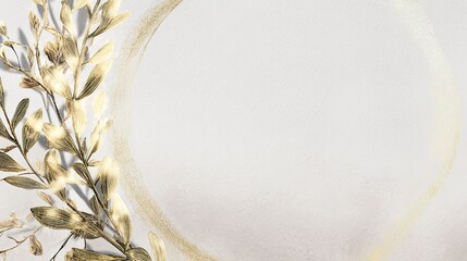 Golden wreath frame with watercolor leaves, elegant and symmetrically arranged.