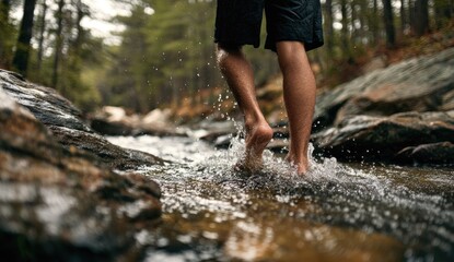 Man walking through stream in forest landscape