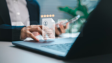 HR manager reviewing digital resumes on virtual interface for job recruitment. Concept of talent acquisition, employee hiring, candidate evaluation, and online human resource management.