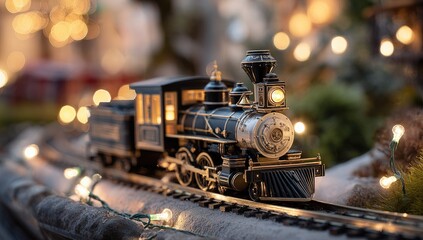 Fototapeta premium Miniature train on tracks with festive lights