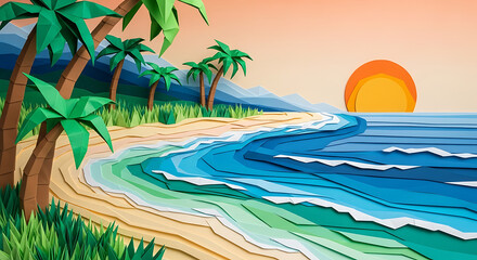 A vibrant, paper-cut beach scene at sunset, featuring palm trees and waves.