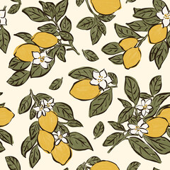 Patrón sin costuras de limones en fondo beige. Fondo de limones para textil, papelería y diseño. Limones pintados a mano.