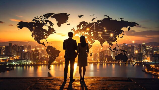 Business couple looking at a global network map over a city skyline at sunset.