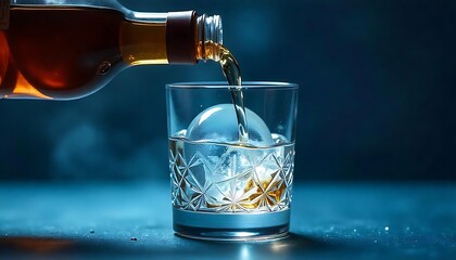 Whiskey pouring from a bottle into a glass with an ice sphere creates a captivating drink scene on a cool blue background.