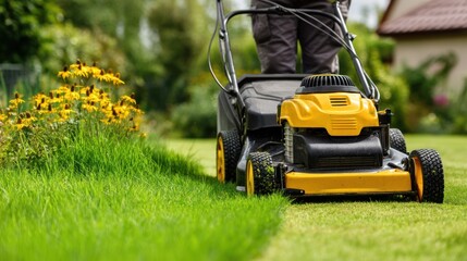 Fototapeta premium A man mowing a lawn with a yellow and black lawn mower in a well-maintained garden with yellow flowers.
