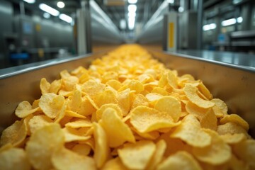 Yellow potato chips on a factory conveyor belt.