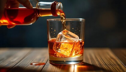 Rich amber whiskey is gracefully poured from a bottle into a glass with ice on a rustic wooden surface