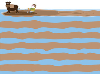 水田の土起こしをしている農業の背景イラストです。