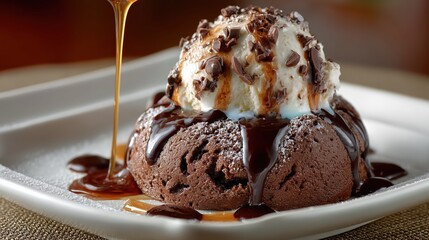 Warm Chocolate Lava Cake Topped With Vanilla Ice Cream And Caramel Sauce