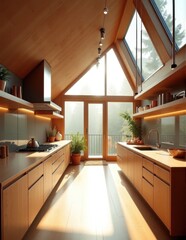 A modern kitchen with a high vaulted wooden ceiling and expansive windows offering a view of a misty forest