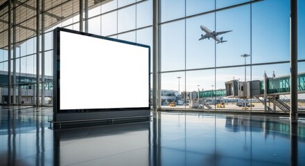 Blank screen in a modern airport terminal with an airplane taking off outside