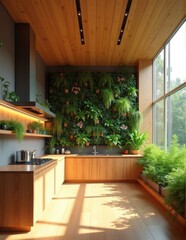 A modern kitchen featuring a prominent green wall with various plants combined with wooden elements and large windows