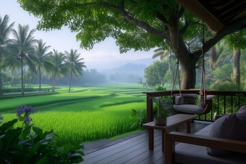 balcony terrace on rice fields in Ubud Bali
