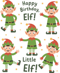 Cute cartoon elves celebrating birthday, festive kids illustration for holiday party, invitation card, decoration, winter joy, and Christmas fun