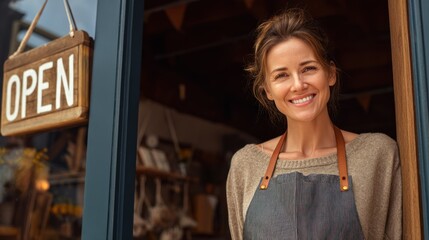 A smiling woman standing in front of a shop with an open sign.