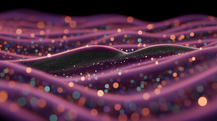 A vibrant digital landscape with glowing dots and flowing purple waves, representing data streams or abstract technology concepts.