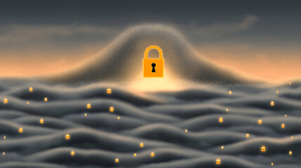 Digital artwork showing a large yellow padlock surrounded by smaller padlocks floating above a misty, wave-like surface, symbolizing security and data protection.