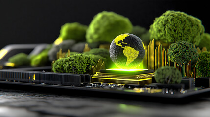 A digital globe with green continents hovers over a microchip surrounded by lush, green trees, symbolizing eco-friendly technology and environmental innovation.