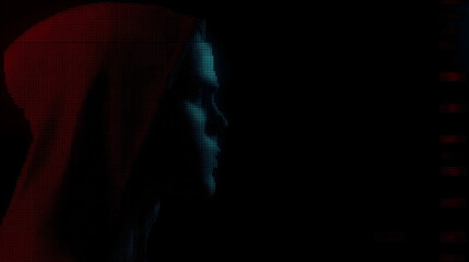 A pixelated, side-profile silhouette of a person wearing a hood, depicted in red and blue tones against a dark background with digital, dotted patterns.