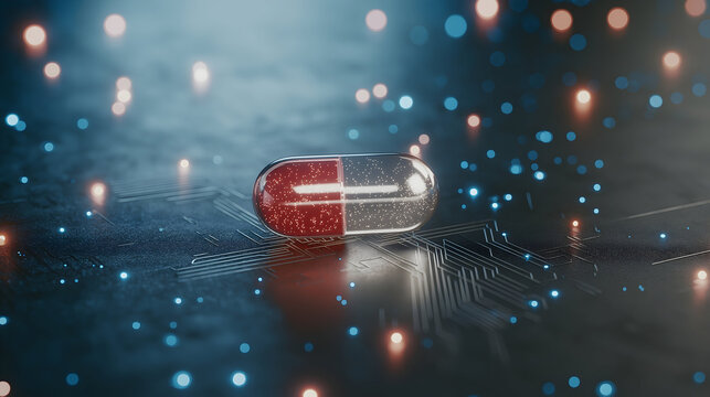 A red and transparent capsule pill rests on a glowing circuit board with blue and orange digital light effects surrounding it.