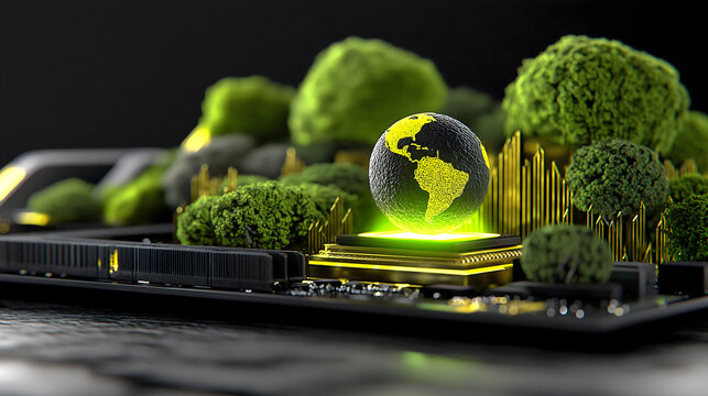 A digital globe with green continents hovers over a microchip surrounded by lush, green trees, symbolizing eco-friendly technology and environmental innovation.