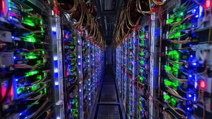 A large, industrial data center with rows of servers and racks, illuminated by colorful lights.