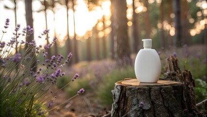 Fototapeta premium White oval bottle on tree stump with lavender white bottle pump dispenser. Perfect for Mockup, business promotions, ads and Marketing