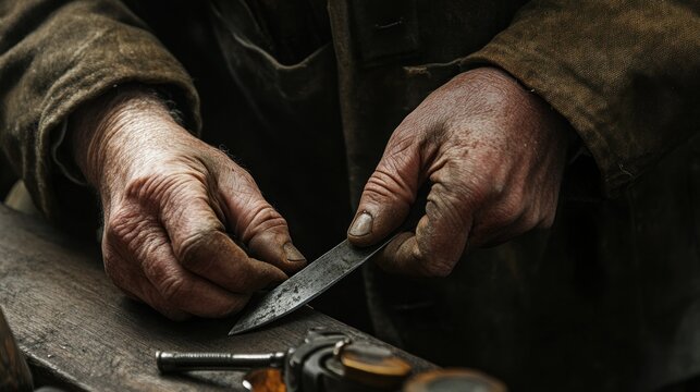Aged hands sharpen a blade - Powered by Adobe
